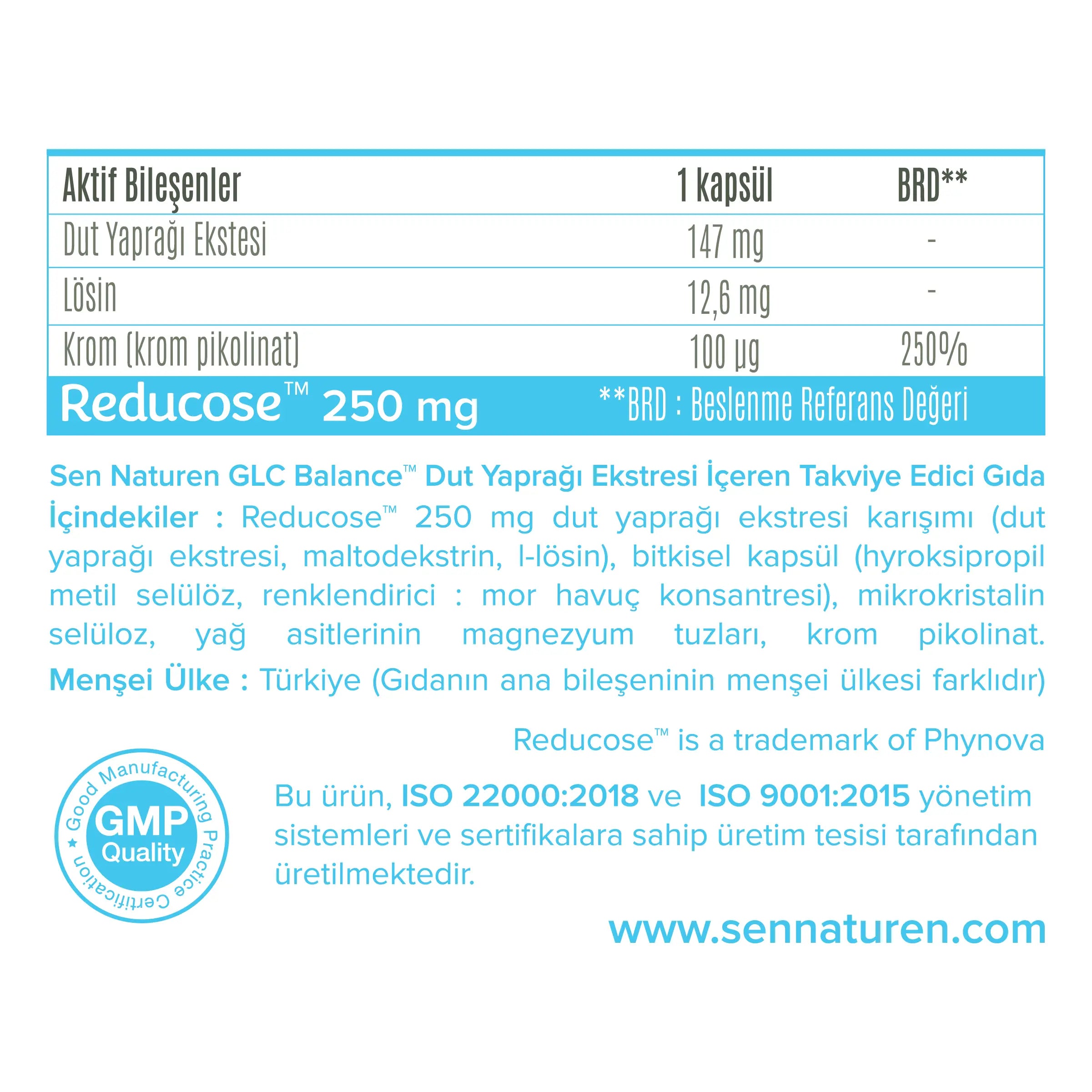 GLC Balance İçindekiler Tablosu - Dut Yaprağı Ekstresi 147mg, Reducose 250mg, Krom Pikolinat 100mcg, GMP Sertifikalı