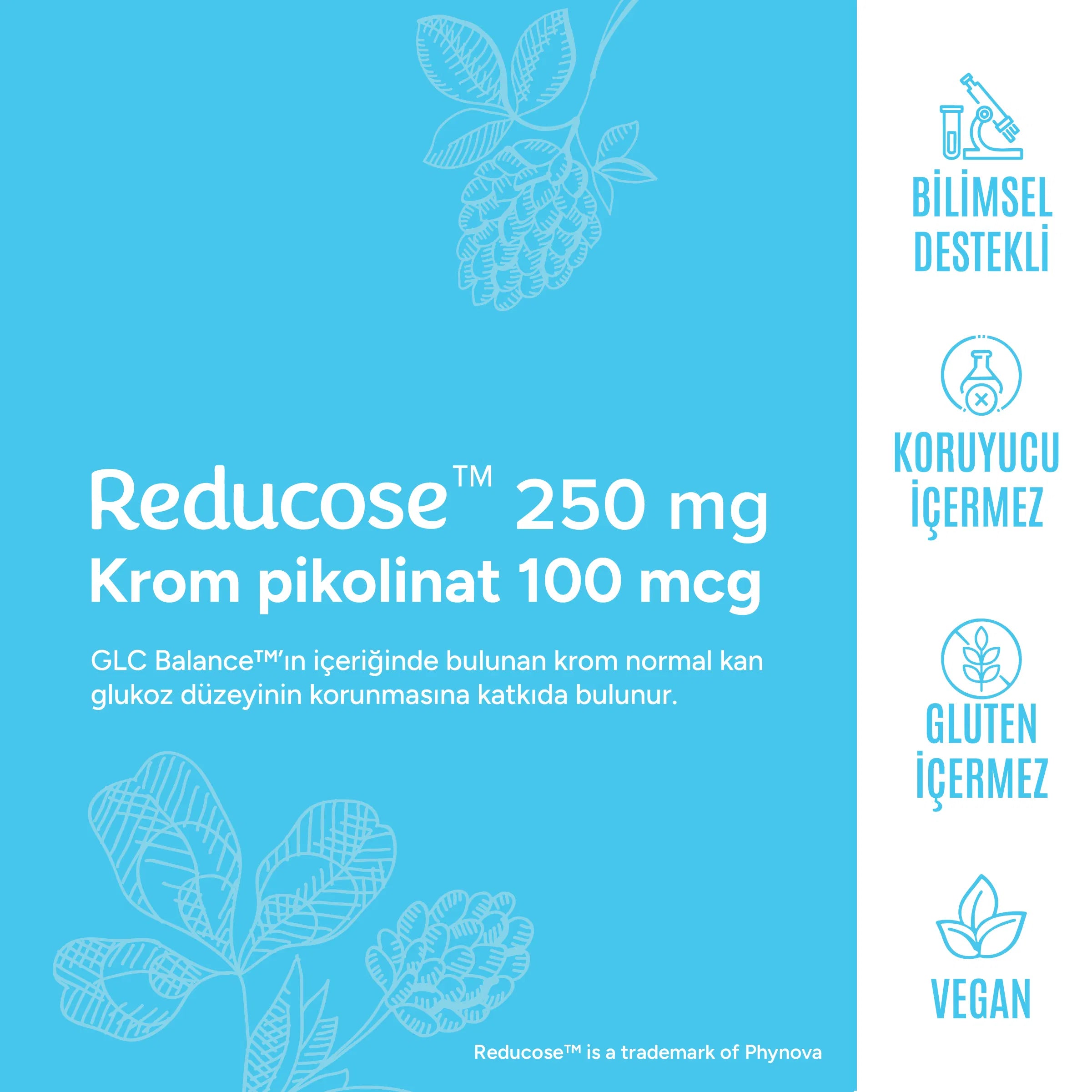 GLC Balance İçerikleri  - Reducose 250mg, Krom Pikolinat 100mcg, Vegan ve Gluten İçermez